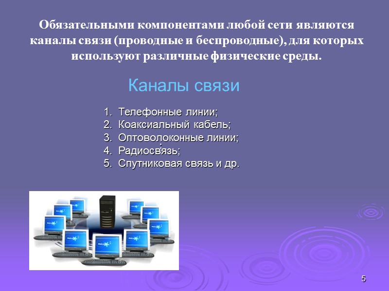 5 Обязательными компонентами любой сети являются каналы связи (проводные и беспроводные), для которых используют